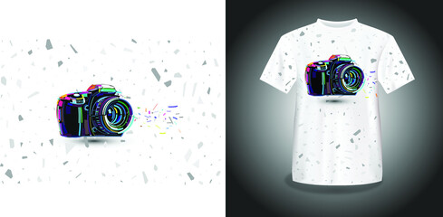 t-shirt design with a logo of a camera. 3d printed design DSLR camera logo. vector illustration