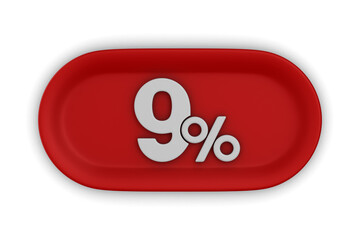 Button with nine percent on white background. Isolated 3D illustration