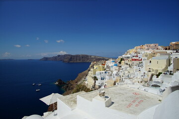 The landscape with beautiful buildings, houses in santorini island, Oia, Greece, Europe
