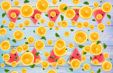 Pattern for placing oranges and watermelons used as a background