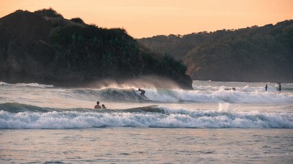 Waves with Sunset at Playa Grande Beach. Costa Rica.