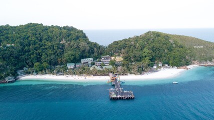 Aerial view. Beautiful paradise island RAWA. Prisitine water and corals