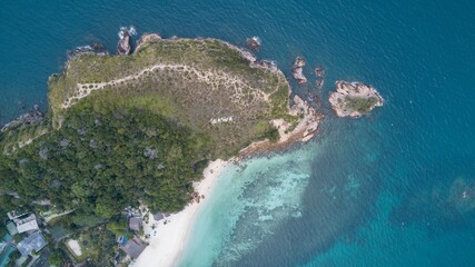 Aerial view. Beautiful paradise island RAWA. Prisitine water and corals