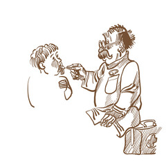 old doctor in glasses with moustache  making an oral screening to a child boy