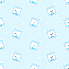 Cute bear postage stamp seamless pattern background