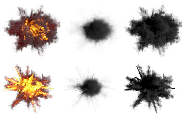 six round explosions of missile interception blast or antiaircraft gun shell hit or view from top on bang isolated on white - 3D illustration of objects