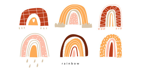 Set of rainbows with drops and a heart isolated on a white background. Print for children. Background for the interior. Doodle style. Vector.