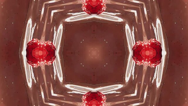 Red raspberry cartoon style kaleidoscope on chocolate brown background. Organic fruit abstract psychedelic, kaleidoscopic patterns. Bubbling geometric shapes. Animated VJ Loop or Motion Background.