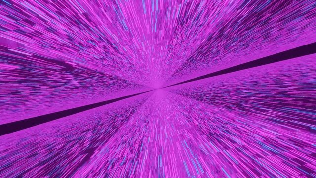 Computerized animation of moving fast through purple space tunnel with numerous fast moving minute particles. Motion graph, 3d rendering and illustration.