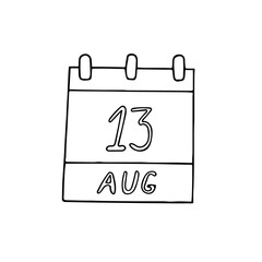 calendar hand drawn in doodle style. August 13. International Left Handers Day, date. icon, sticker, element, design. planning, business holiday