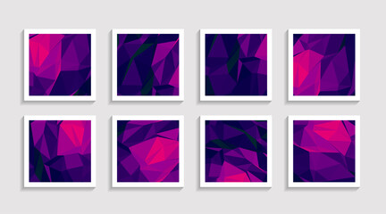 Modern mosaic low poly artwork poster set with simple shape and figure. Abstract minimalist pattern design style for web, banner, business presentation, branding package, fabric print, wallpaper.