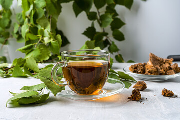 Natural, organic tea made from chaga mushrooms. Increases immunity, the infusion is able to slow down the growth of malignant tumors. Light gray stone background