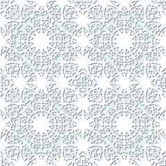 White snowflakes on pale blue background, damask ornament seamless pattern. Paper cut style - 367925413