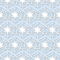 White snowflakes on pale blue background, damask ornament seamless pattern. Paper cut style - 367925423