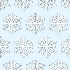 White snowflakes on pale blue background, damask ornament seamless pattern. Paper cut style - 367925454