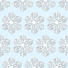 White snowflakes on pale blue background, damask ornament seamless pattern. Paper cut style - 367925466