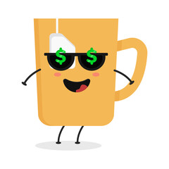 Cute flat cartoon tea cup illustration. Vector illustration of a cute tea cup with a smiling expression.
