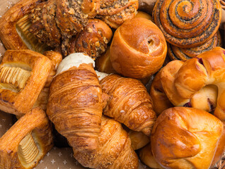 French croissants and pastry products. Close up