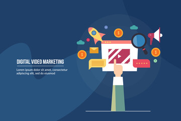 Video marketing with digital technology. Online audience interacting with video content, making money with online video production, video seo and mix media marketing concept. Web banner template.