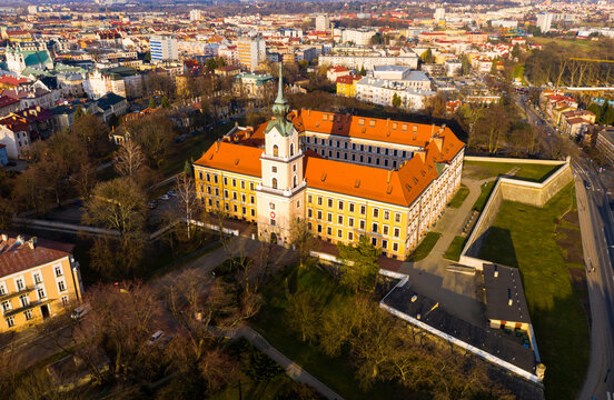 Aerial view of Rzeszow landscape overlooking main city landmark - historic Lubomirski castle in sunny spring day, Poland..