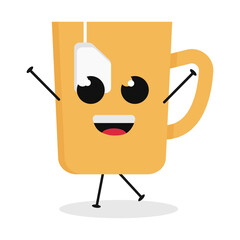 Cute flat cartoon tea cup illustration. Vector illustration of a cute tea cup with a smiling expression.