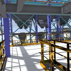 Cover of the construction project of a BIM model of a building made of metal structures. Presentation of the project for the customer, contractor and construction organizer. 3D rendering.