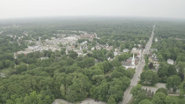 Aerial Fly Over Drone Footage over Gorham Downtown, Cumberland County in Maine, USA