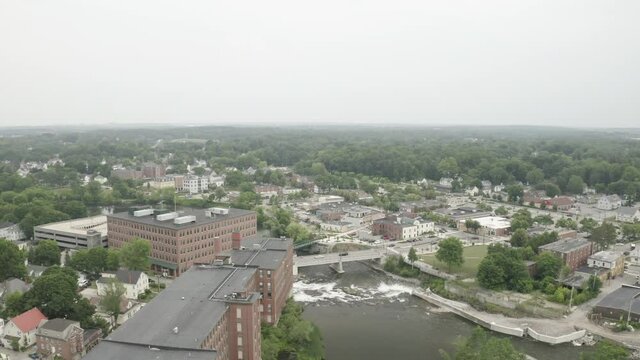 Aerial Fly Over Drone Footage over Downtown Westbrook in Maine, Cumberland County, USA