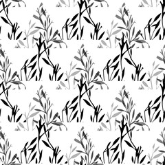 Black and white geometric natural pattern. Silhouette of branches with leaves and herbs in triangles on a white background. Vector natural texture for fabrics, wallpapers and your creativity