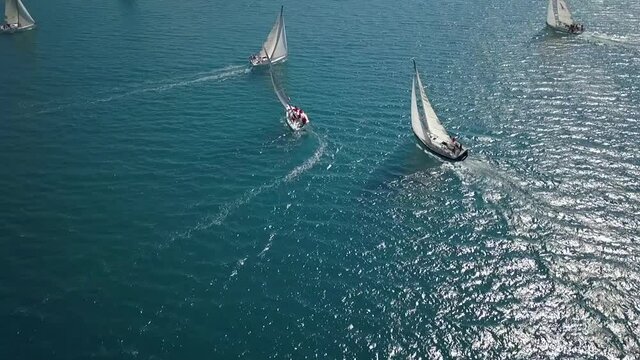 Aerial view of the sailing boats participating in the regatta in Marmaris, Turkey