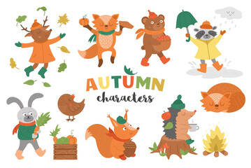 Set of vector autumn characters. Cute woodland animals collection. Fall season icons pack for prints, stickers.  Funny forest illustration of hedgehog, fox, bird, deer, rabbit, bear, squirrel. .