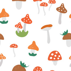 Fototapeta na wymiar Vector seamless pattern with cute mushrooms. Autumn plants repeating background. Flat style death caps ornament. Funny toadstool texture on white background.