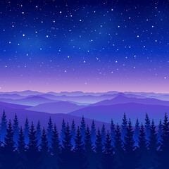 Fototapeta na wymiar Mountain scene with coniferous forest on starry sky background - night landscape for poster and banner design
