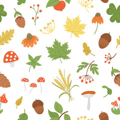 Vector seamless pattern with cute autumn herbs, plants, flowers, berries. Flat style repeat background with leaves, apple, acorns, cones. Funny fall greenery texture on white background.