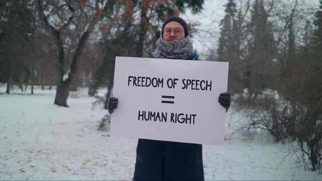 Freedom Of Speech Human Right. Caucasian One Man Protest, Fight For Free Voice