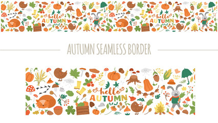 Vector autumn seamless pattern brush. Cute fall season repeating border background. Funny digital paper with forest animals, pumpkins, mushrooms, leaves. Good for washi tapes.