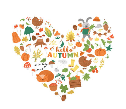 Vector autumn heart shaped frame with animals, plants, leaves, bell, pumpkins isolated on white background. Funny fall season design for banners, posters, invitations. Cute card template .
