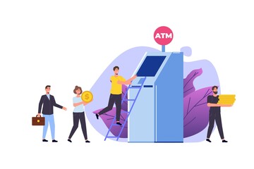 People are waiting in line near ATM machine. Queue at the ATM. Perform financial transactions Vector illustration in a flat style
