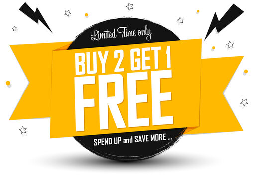 Buy 2 Get 1 Free, sale banner design template, discount tag, grunge brush, vector illustration
