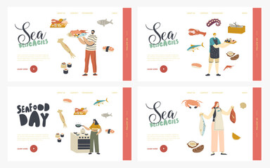 People Cooking Seafood Landing Page Template Set. Characters Prepare Delicacies Fish, Crab, Octopus with Squid Cuisine