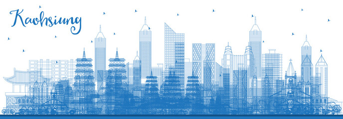 Outline Kaohsiung Taiwan City Skyline with Blue Buildings.