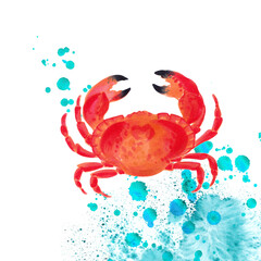 Watercolor red crab with water splash 
