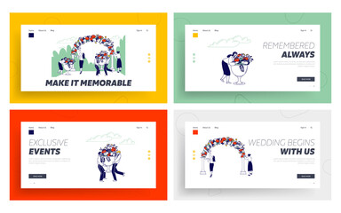 Obraz na płótnie Canvas Wedding Agency Staff Decorate Area for Marriage Ceremony Landing Page Template Set. Characters Bring Flowers and Bows