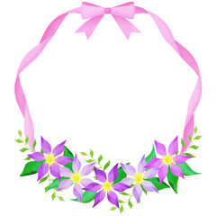 Clematis purple flower illustration and pink ribbon wreath