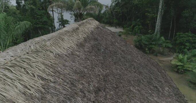 Indigenous house roof inside the Amazon Jungle