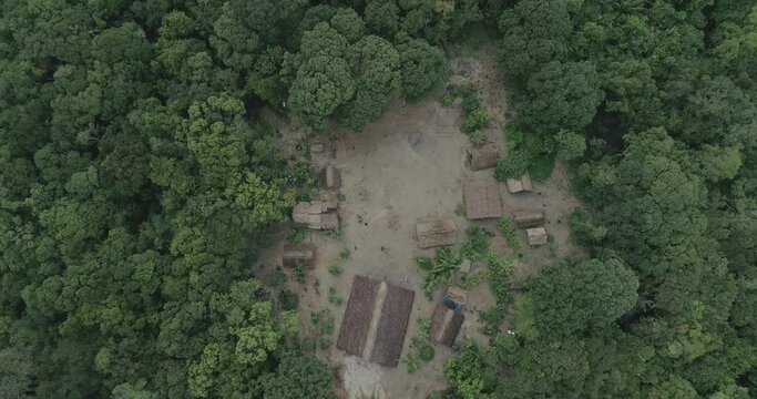 Amazon Jungle with indigenous tribe aerial shot