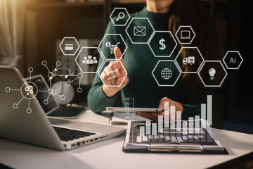 Coding software developer work with augmented reality dashboard computer icons  with responsive...