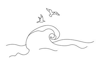 Two seagulls are flying over a large wave. Hand-drawn line art seascape. Doodle birds and sea or ocean. Vector illustration isolated on white.For print, postcards, posters, illustration in the book