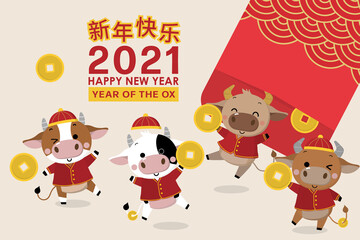 Happy Chinese new year greeting card. 2021 Ox zodiac. Cute cow in red costume and gold money. Animal holidays cartoon character. Translated: Happy new year. -Vector