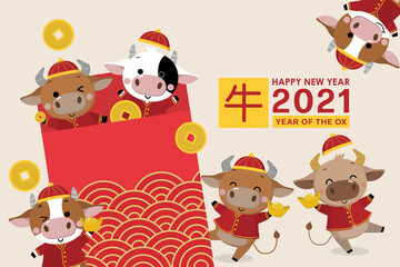 Obraz na płótnie Canvas Happy Chinese new year greeting card. 2021 Ox zodiac. Cute cow in red costume and gold money. Animal holidays cartoon character. Translated: Ox. -Vector